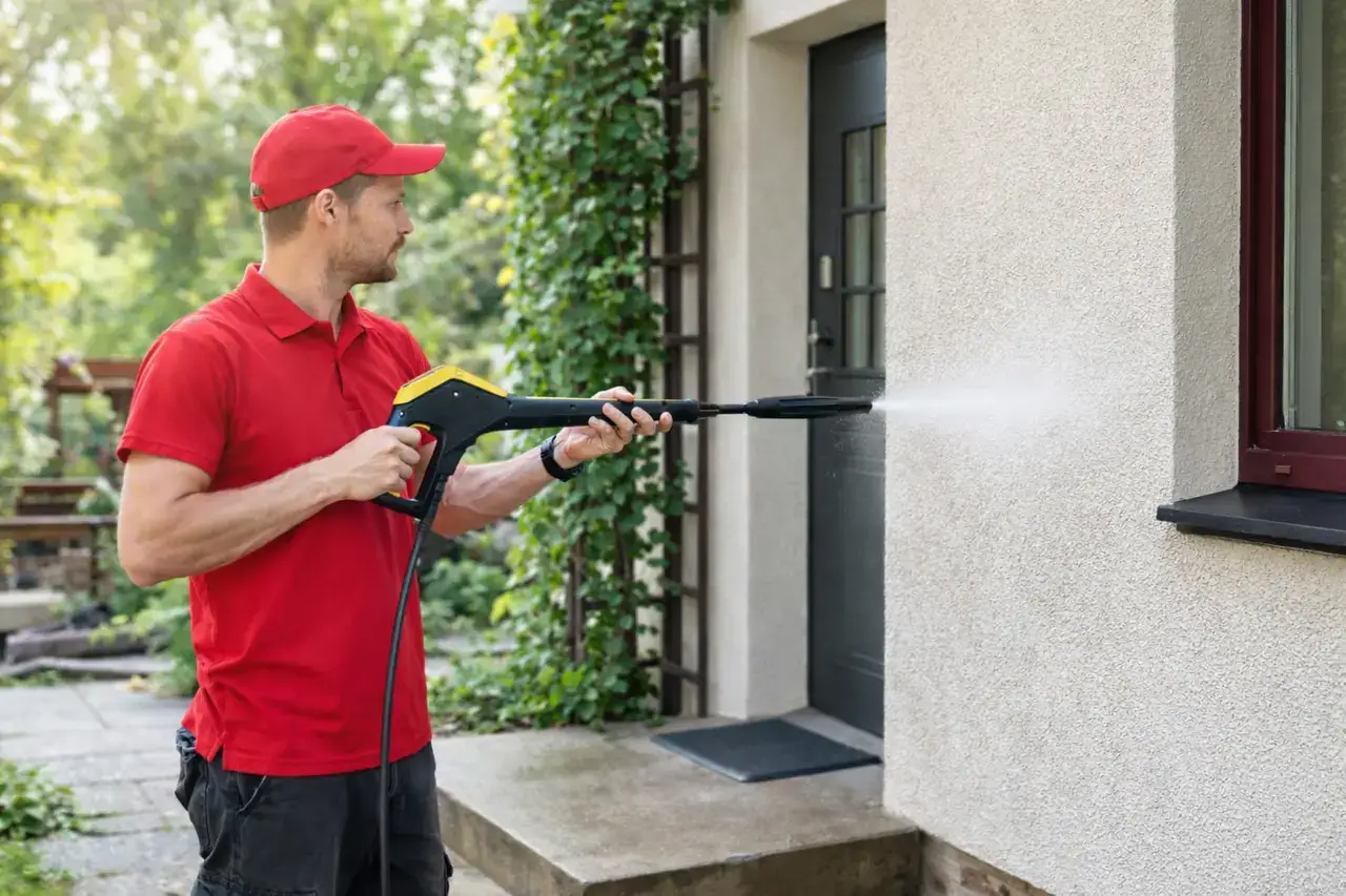 Čovjek u crvenoj majci pere fasadu