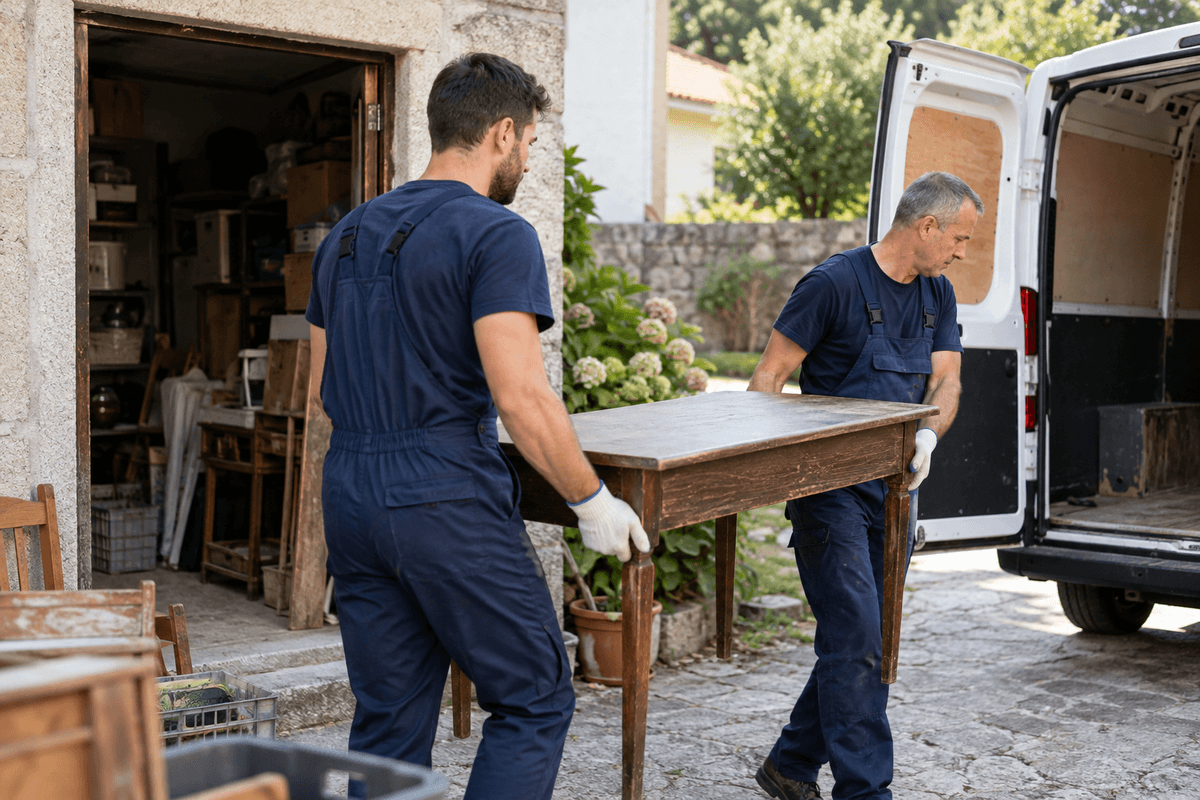 Workers carry old table to van (1) (1)